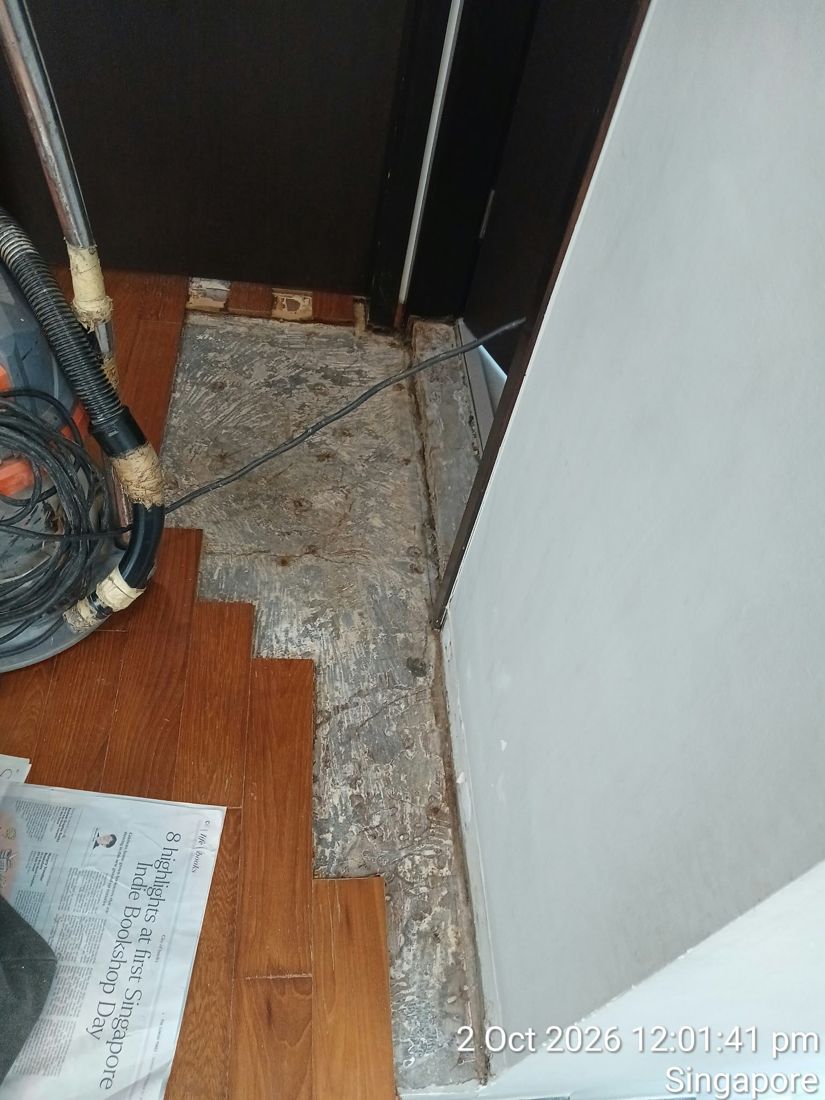 Corridor parquet lifted and old adhesive scraped off