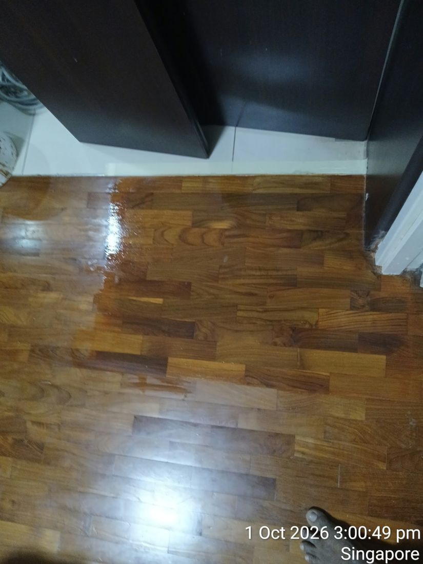 Repaired parquet area after varnishing, blending with the floor